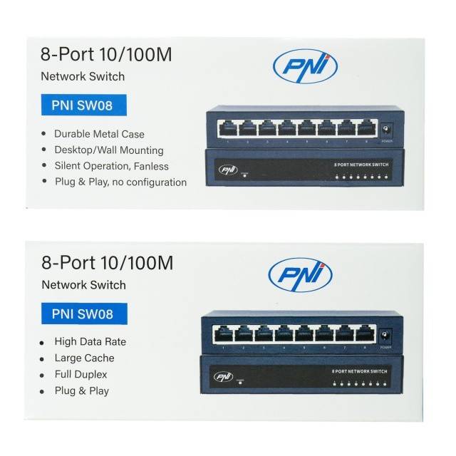Switch PNI SW08 cu 8 porturi 10/100 Mbps, carcasa metalica, fara ventilator, plug & play, protectie fulger 4KV