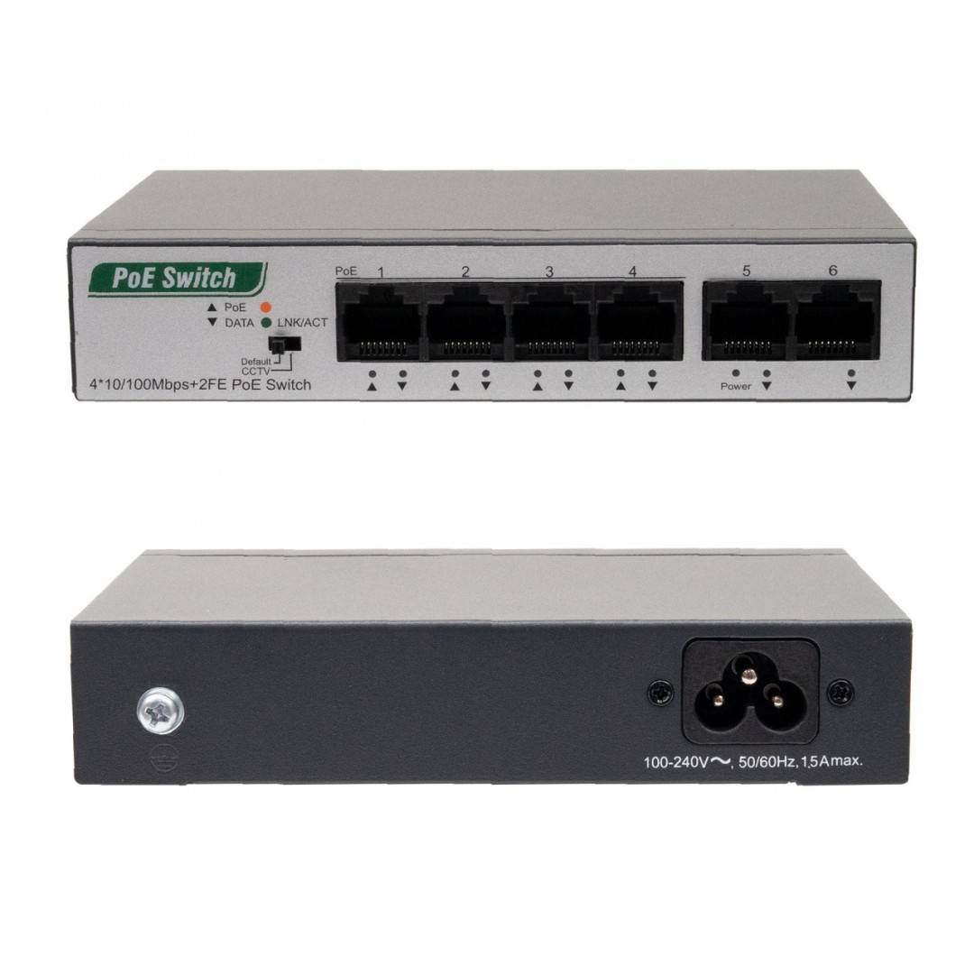 Switch PNI SWPOE242, POE, 6 x 10/100 Mbps, din care 4 porturi PoE, carcasa metalica