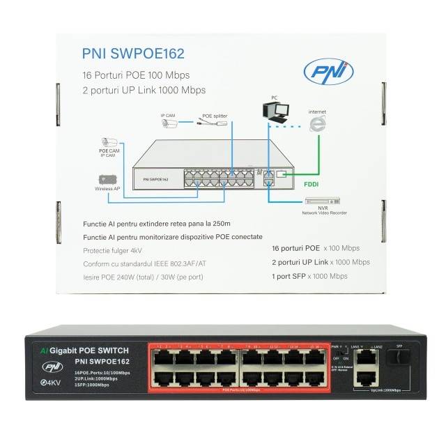 Switch POE PNI SWPOE162, 16 porturi POE 100 Mbps, 2 porturi UP Link 1000 Mbps, 1 port SFP 1000Mbps, 240W, functie AI Extend pana la 250m, protectie