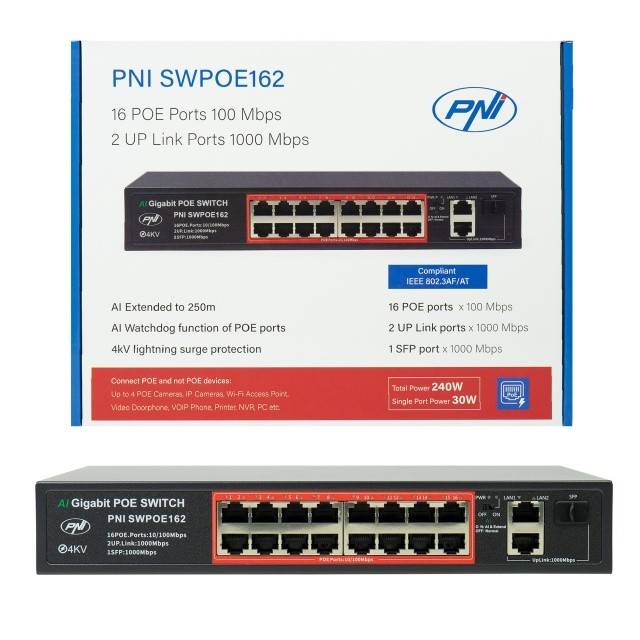 Switch POE PNI SWPOE162, 16 porturi POE 100 Mbps, 2 porturi UP Link 1000 Mbps, 1 port SFP 1000Mbps, 240W, functie AI Extend pana la 250m, protectie