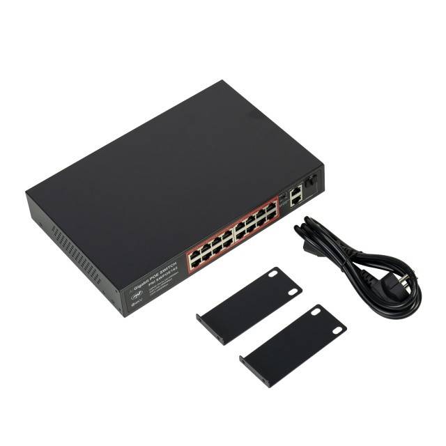Switch POE PNI SWPOE162, 16 porturi POE 100 Mbps, 2 porturi UP Link 1000 Mbps, 1 port SFP 1000Mbps, 240W, functie AI Extend pana la 250m, protectie