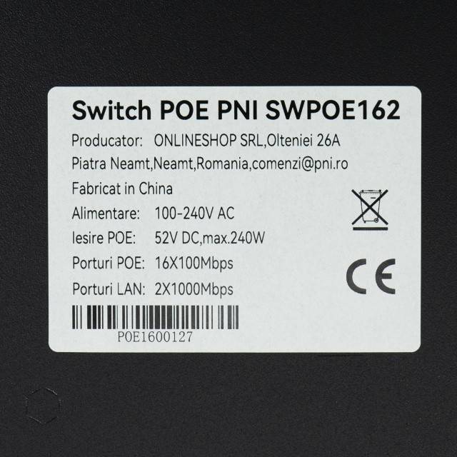 Switch POE PNI SWPOE162, 16 porturi POE 100 Mbps, 2 porturi UP Link 1000 Mbps, 1 port SFP 1000Mbps, 240W, functie AI Extend pana la 250m, protectie