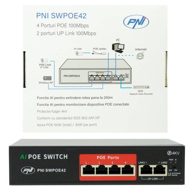 Switch POE PNI SWPOE42, 4 porturi POE 100 Mbps si 2 porturi UP Link 100 Mbps, 65W, functie AI Extend pana la 250m, protectie fulger 4kV
