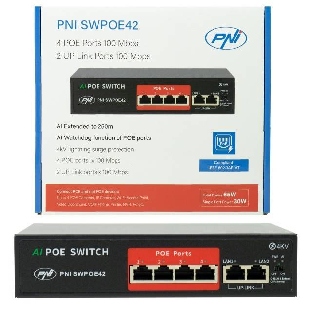 Switch POE PNI SWPOE42, 4 porturi POE 100 Mbps si 2 porturi UP Link 100 Mbps, 65W, functie AI Extend pana la 250m, protectie fulger 4kV
