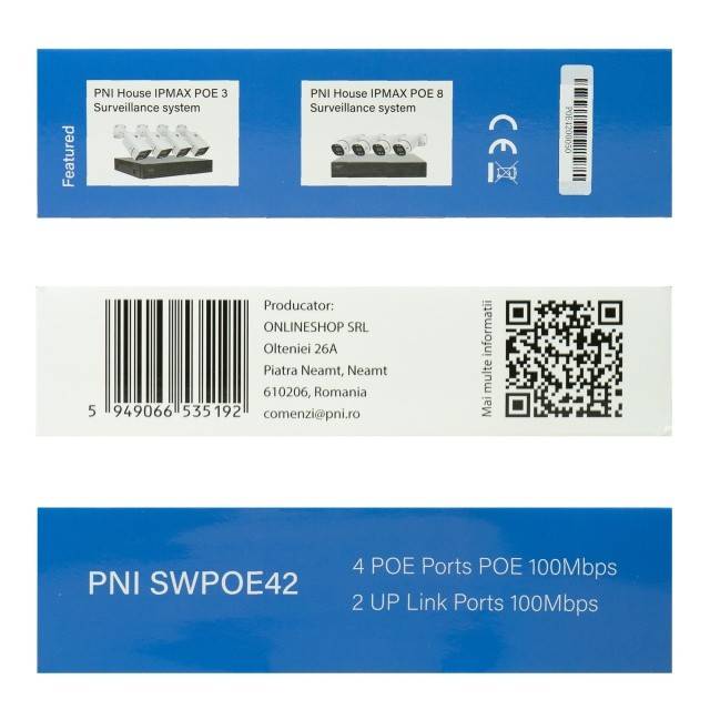 Switch POE PNI SWPOE42, 4 porturi POE 100 Mbps si 2 porturi UP Link 100 Mbps, 65W, functie AI Extend pana la 250m, protectie fulger 4kV
