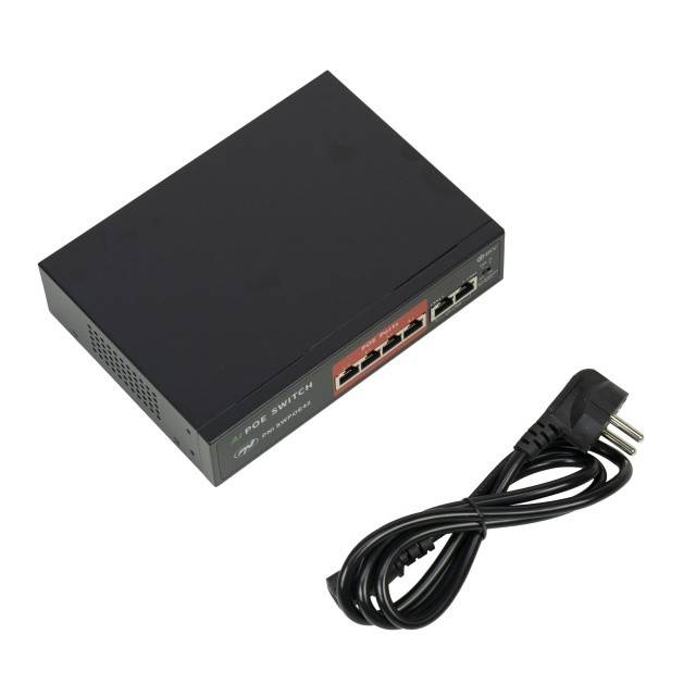 Switch POE PNI SWPOE42, 4 porturi POE 100 Mbps si 2 porturi UP Link 100 Mbps, 65W, functie AI Extend pana la 250m, protectie fulger 4kV