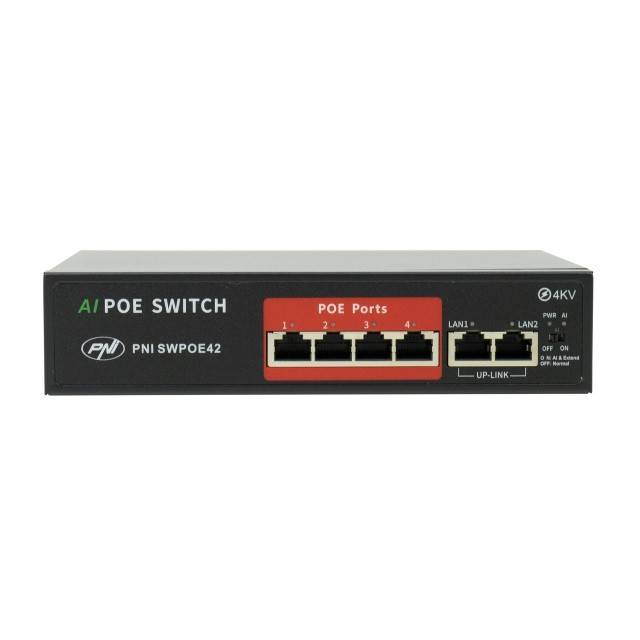 Switch POE PNI SWPOE42, 4 porturi POE 100 Mbps si 2 porturi UP Link 100 Mbps, 65W, functie AI Extend pana la 250m, protectie fulger 4kV
