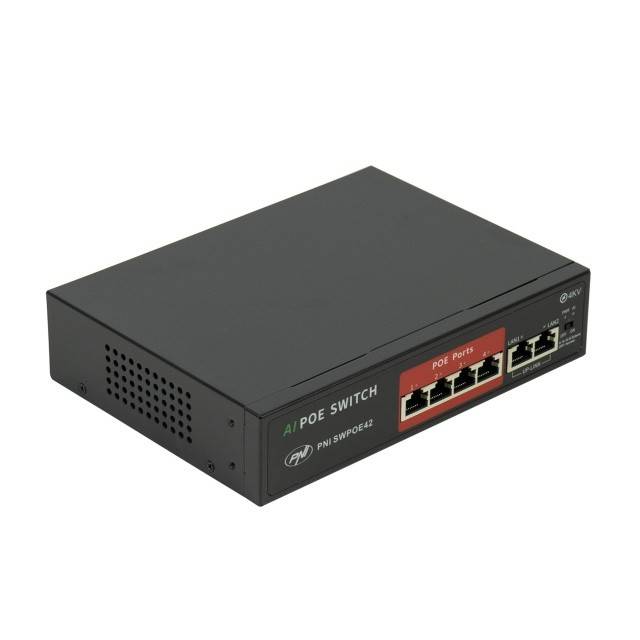 Switch POE PNI SWPOE42, 4 porturi POE 100 Mbps si 2 porturi UP Link 100 Mbps, 65W, functie AI Extend pana la 250m, protectie fulger 4kV