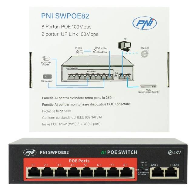 Switch POE PNI SWPOE82, 8 porturi POE 100 Mbps si 2 porturi UP Link 100 Mbps, 120W, functie AI Extend pana la 250m, protectie fulger 4kV