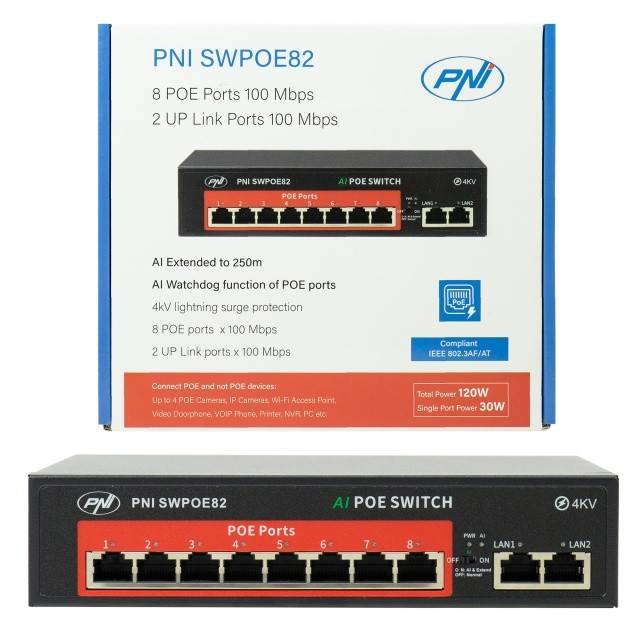 Switch POE PNI SWPOE82, 8 porturi POE 100 Mbps si 2 porturi UP Link 100 Mbps, 120W, functie AI Extend pana la 250m, protectie fulger 4kV