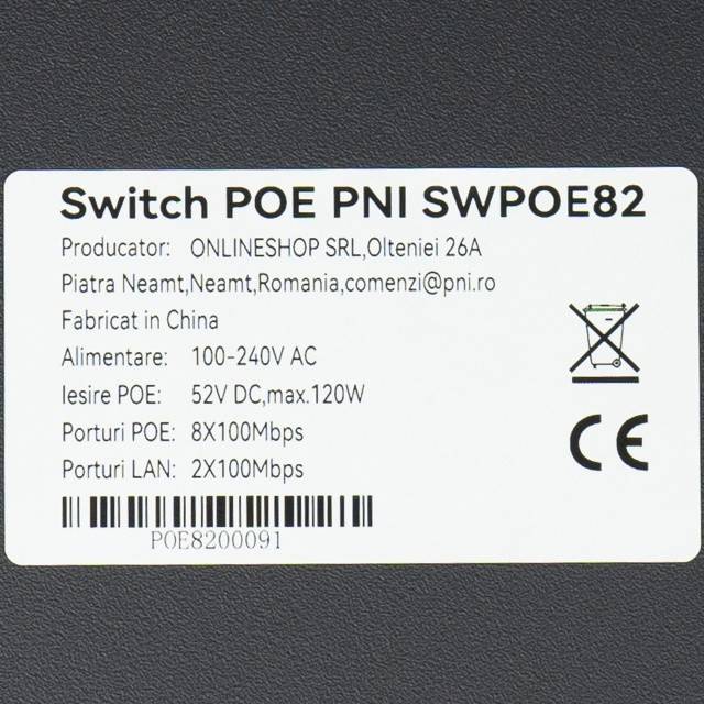 Switch POE PNI SWPOE82, 8 porturi POE 100 Mbps si 2 porturi UP Link 100 Mbps, 120W, functie AI Extend pana la 250m, protectie fulger 4kV