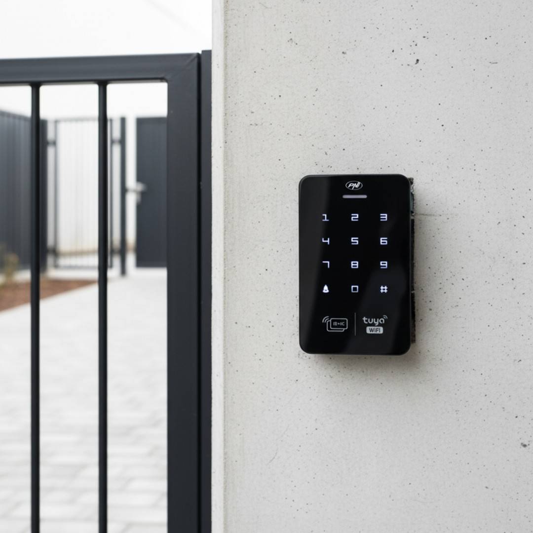 Tastatura control acces PNI DK150T cu Wi-Fi, deblocare cu PIN, card RFID si din aplicatia Tuya Smart, IP65, negru