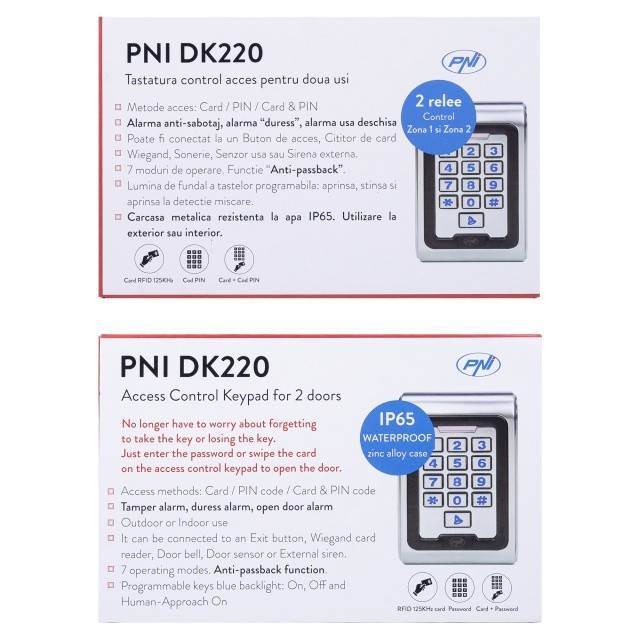 Tastatura control acces PNI DK220, stand alone, exterior si interior, IP65, cu 2 relee