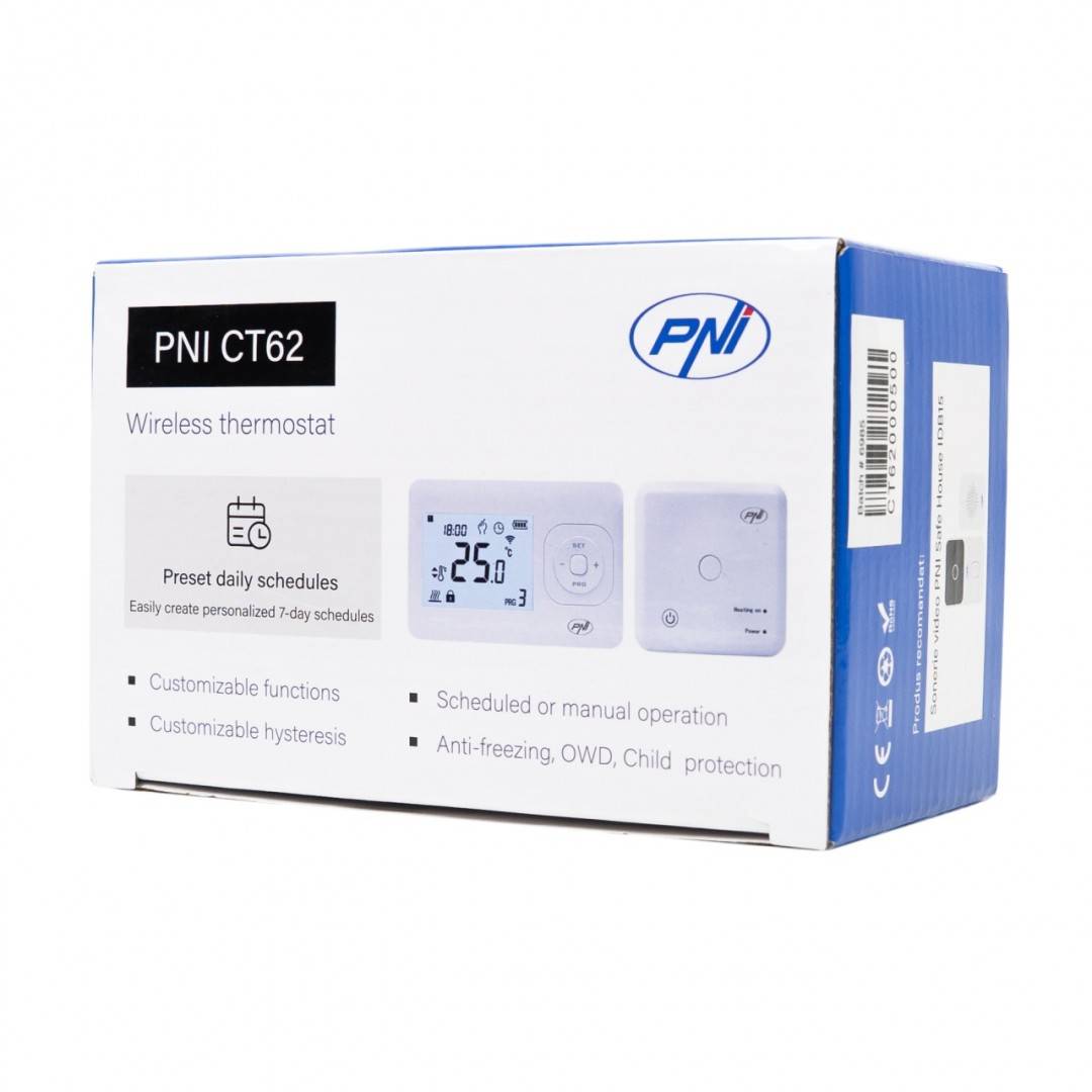 Termostat fara fir PNI CT62 pentru centrale termice, afisaj iluminat, programe zilnice