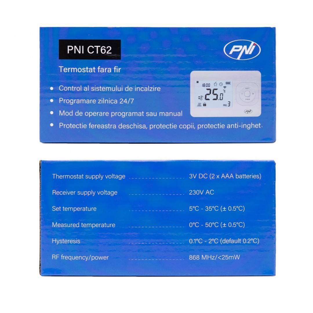 Termostat fara fir PNI CT62 pentru centrale termice, afisaj iluminat, programe zilnice