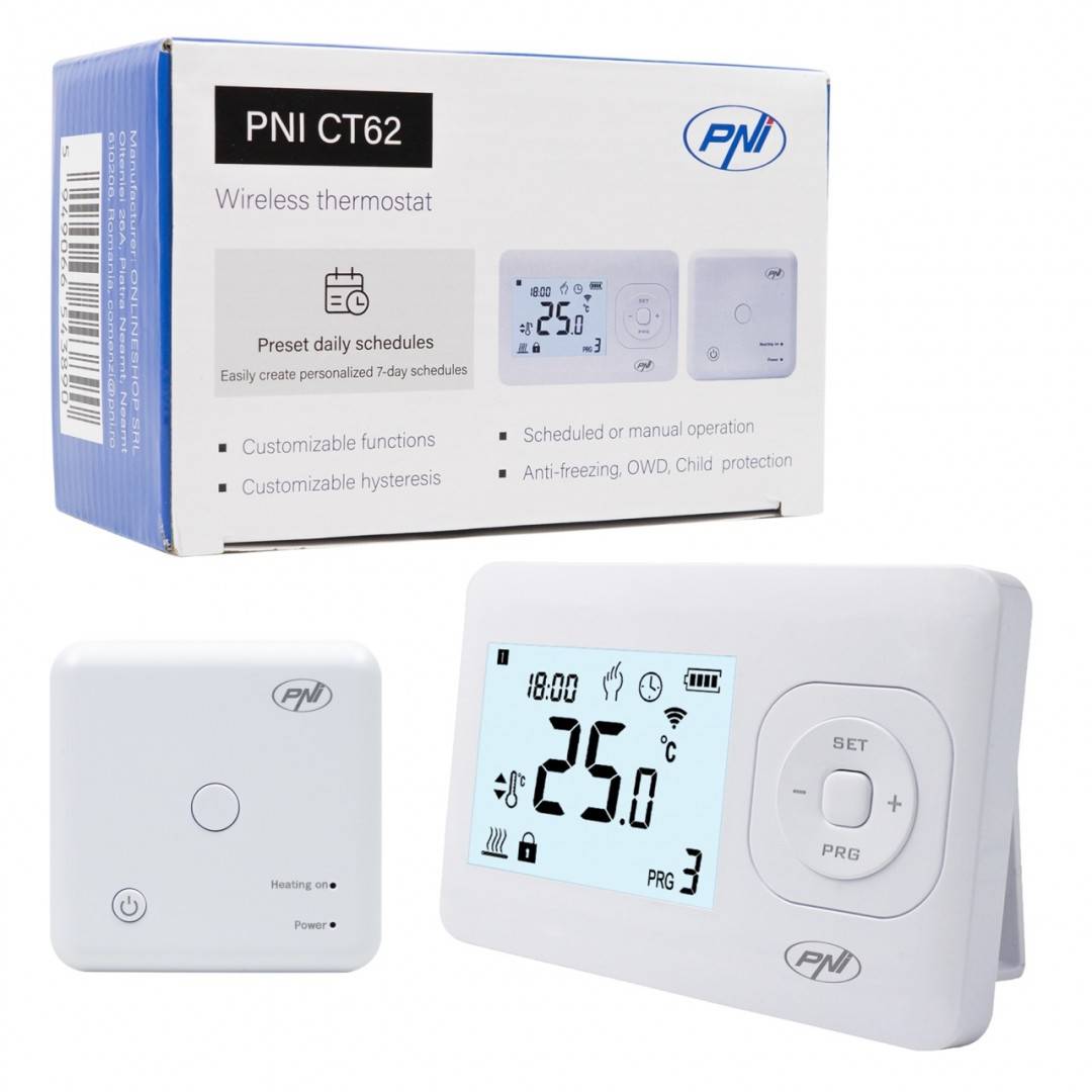 Termostat fara fir PNI CT62 pentru centrale termice, afisaj iluminat, programe zilnice