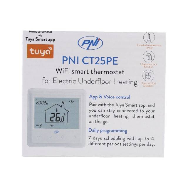 Termostat inteligent incastrabil PNI CT25PE WiFi, control prin internet incalzire electrica in pardoseala, aplicatie mobil Tuya Smart, integrare in