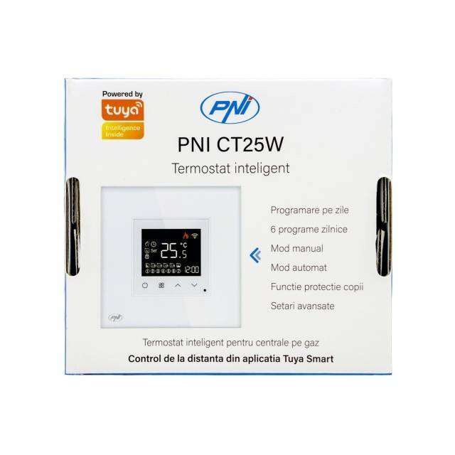 Termostat inteligent PNI CT25W WiFi pentru centrala termica pe gaz, montaj incastrat, 16A, control din aplicatia Tuya Smart, programare zilnica, mod