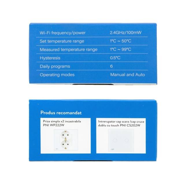 Termostat inteligent PNI CT25W WiFi pentru centrala termica pe gaz, montaj incastrat, 16A, control din aplicatia Tuya Smart, programare zilnica, mod