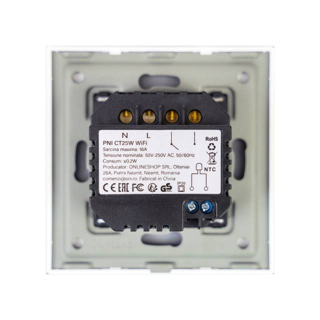 Termostat inteligent PNI CT25W WiFi pentru centrala termica pe gaz, montaj incastrat, 16A, control din aplicatia Tuya Smart, programare zilnica, mod