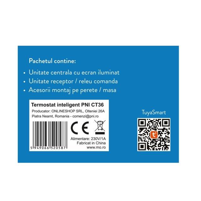 Termostat inteligent PNI CT36 fara fir, cu WiFi, control prin Internet, pentru centrale termice, APP TuyaSmart