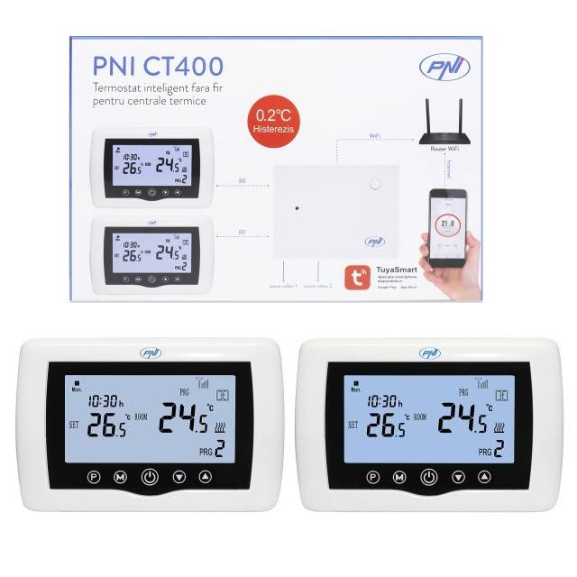 Termostat inteligent PNI CT400 fara fir, cu WiFi, controleaza 1 centrala si 2 zone diferite, parter etaj prin Internet, pentru centrale termice,