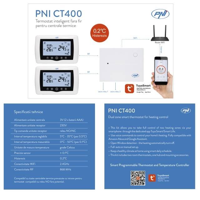 Termostat inteligent PNI CT400 fara fir, cu WiFi, controleaza 1 centrala si 2 zone diferite, parter etaj prin Internet, pentru centrale termice,