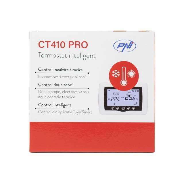 Termostat inteligent PNI CT410 PRO fara fir, cu WiFi, control 2 zone prin Internet, pentru centrale termice, pompe, electrovalve, APP TuyaSmart,
