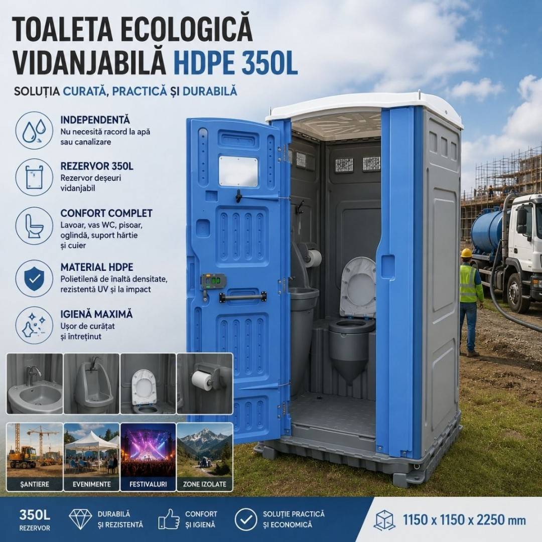 Toaleta ecologica vidanjabila HDPE 350L cu lavoar, pisoar, oglinda, suport hartie si cuier 1150x1150x2250mm