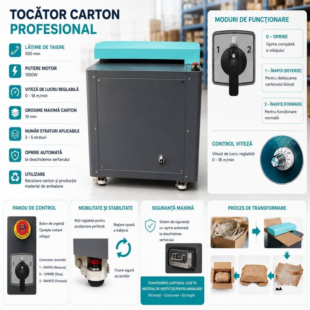 Tocator carton industrial 550mm, 1500W, 220V, viteza reglabila 0-18m/min, grosime maxima 10mm Breckner Germany