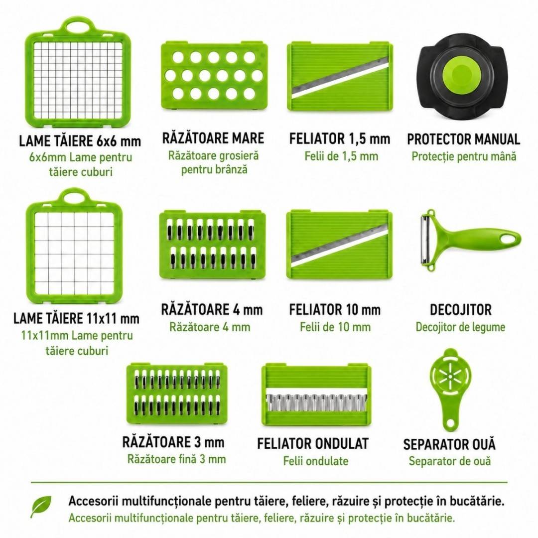Tocator de legume multifunctional 12 in 1 manual, 8 lame inox interschimbabile, taietor legume, feliator, razatoare, decojitor, separator oua,
