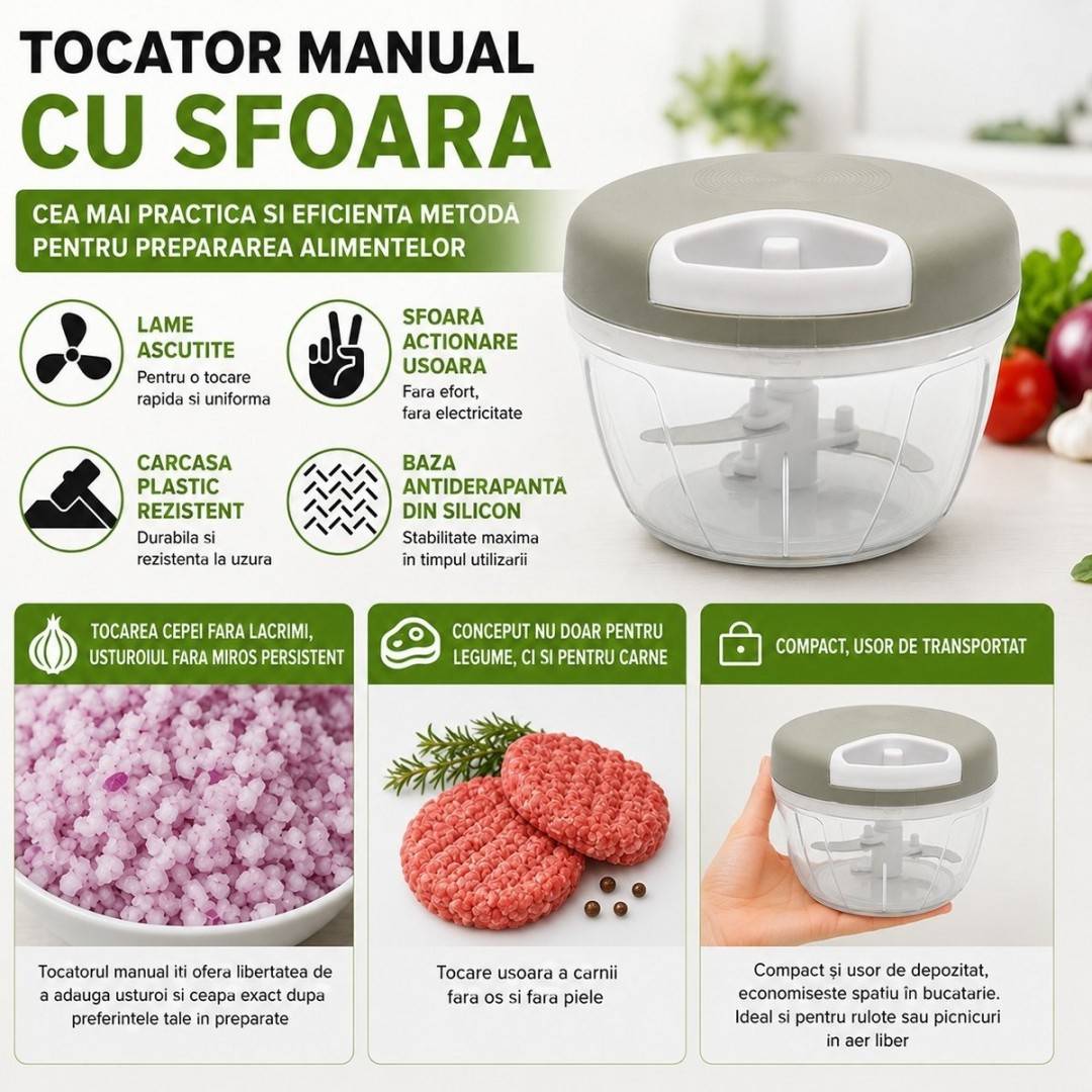 Tocator manual de legume cu sfoara, 3 lame inox, capacitate 500ml