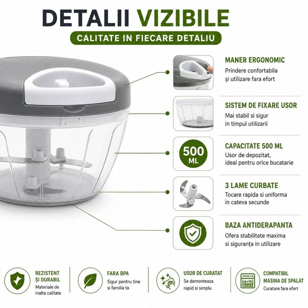 Tocator manual de legume cu sfoara, 3 lame inox, capacitate 500ml