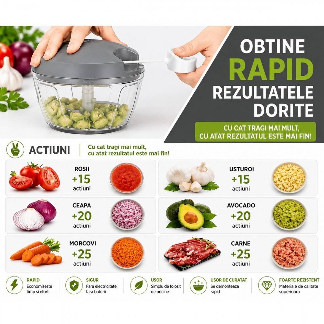 Tocator manual de legume cu sfoara, 3 lame inox, capacitate 500ml