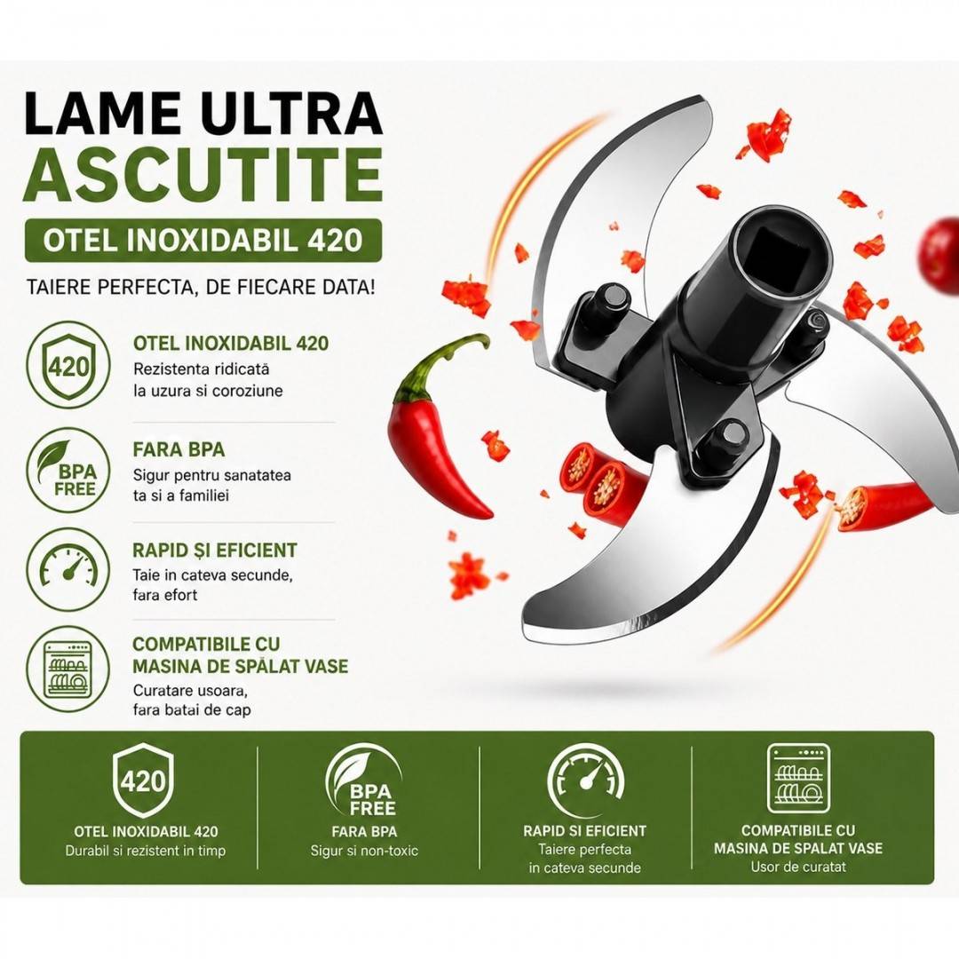 Tocator manual de legume cu sfoara, 3 lame inox, capacitate 500ml