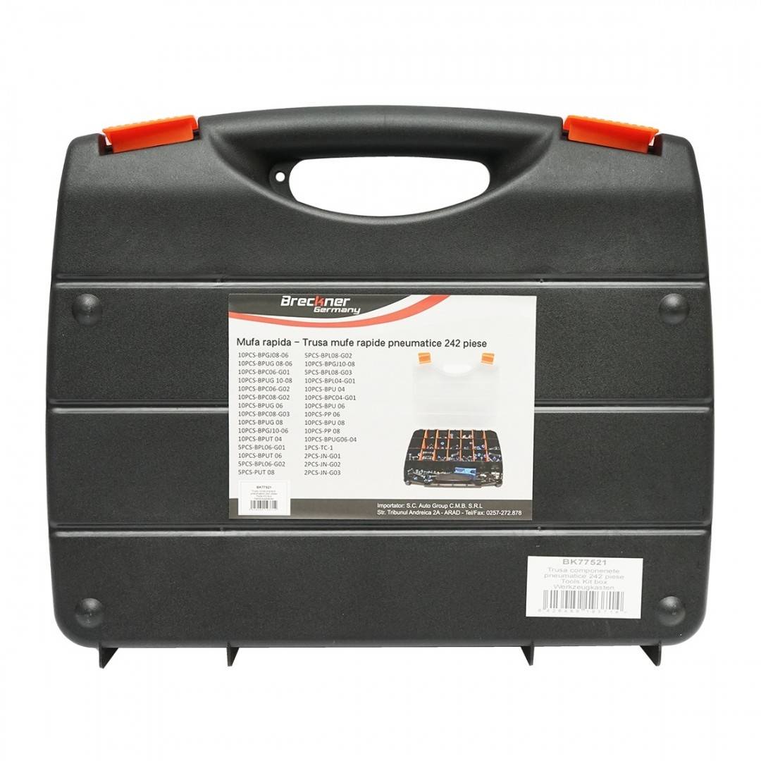 Trusa 242 piese: cleste taiat furtun polyamida, conectori, cuple rapide, mufe furtun aer comprimat Breckner Germany