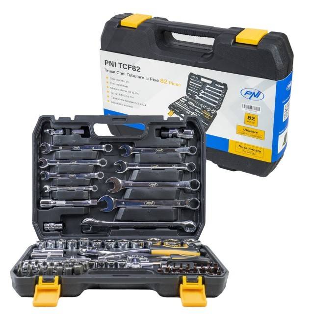 Trusa multifunctionala cu chei tubulare si fixe PNI TCF82, 82 de piese, cutie din plastic