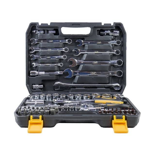 Trusa multifunctionala cu chei tubulare si fixe PNI TCF82, 82 de piese, cutie din plastic