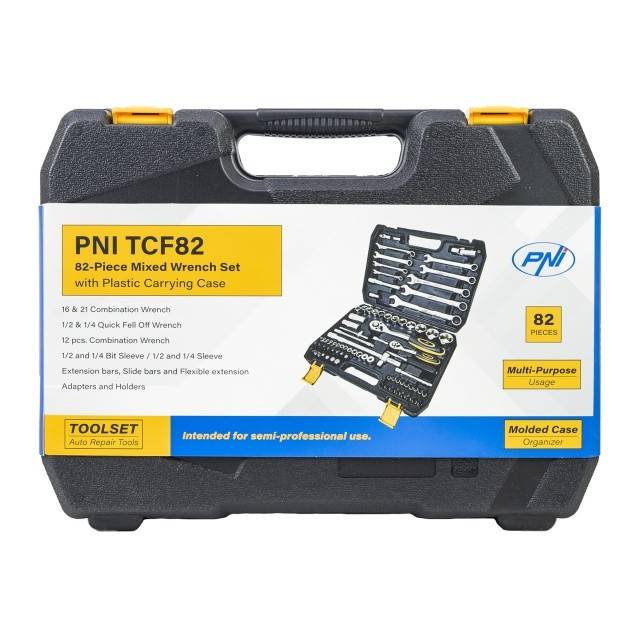 Trusa multifunctionala cu chei tubulare si fixe PNI TCF82, 82 de piese, cutie din plastic