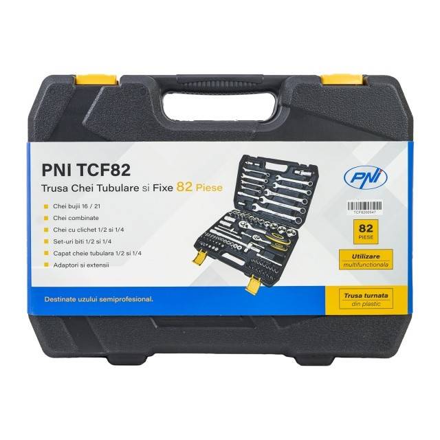 Trusa multifunctionala cu chei tubulare si fixe PNI TCF82, 82 de piese, cutie din plastic