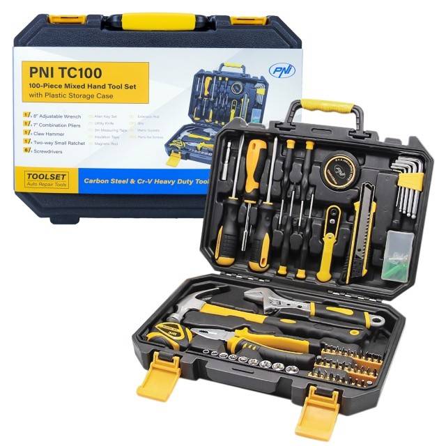 Trusa scule de mana PNI TC100, 100 de piese, material Otel Carbon si Crom Vanadiu, cutie din plastic