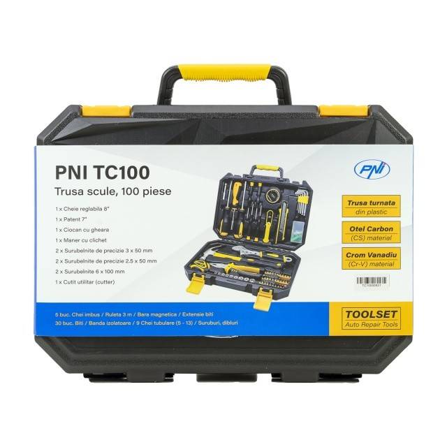 Trusa scule de mana PNI TC100, 100 de piese, material Otel Carbon si Crom Vanadiu, cutie din plastic