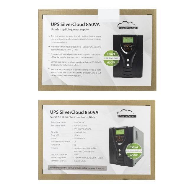 UPS SilverCloud 850VA cu ecran LCD sinusoida pura pentru centrale termice