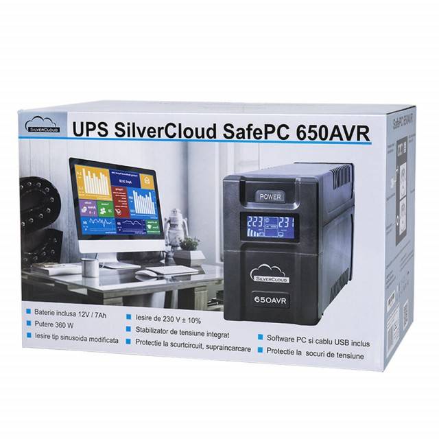 UPS SilverCloud SafePC 650AVR putere 360W ecran LCD software monitorizare PC