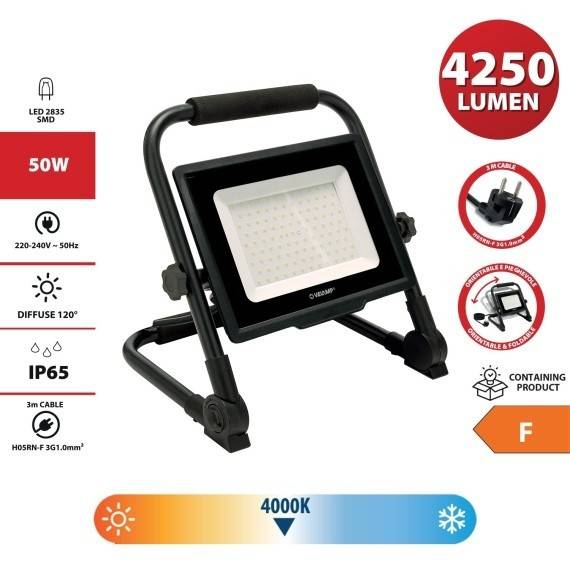 WAINGRO 50W: Proiector de lucru LED SMD 50W cu suport de sol si cablu de 3 metri