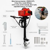 Motor barca pe benzina 1.65kW(2.2CP), 2 timpi, 63cc, turatie 6500rpm, racire cu aer, pornire manuala, elice 3 pale, capacitate rezervor 1.4L THOR