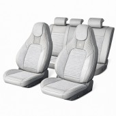 Set huse scaune auto Premium Crem-Gri universale, design sport ergonomic, piele ecologica cu insertii textile, fata + spate 11 piese