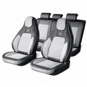 Set huse scaune auto Premium Negru-Gri universale, design sport ergonomic, piele ecologica cu insertii textile, fata + spate 11 piese