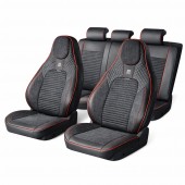 Set huse scaune auto Premium Negru-Rosu universale, design sport ergonomic, piele ecologica cu insertii textile, fata + spate 11 piese