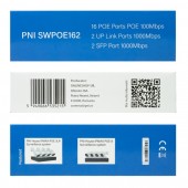 Switch POE PNI SWPOE162, 16 porturi POE 100 Mbps, 2 porturi UP Link 1000 Mbps, 1 port SFP 1000Mbps, 240W, functie AI Extend pana la 250m, protectie